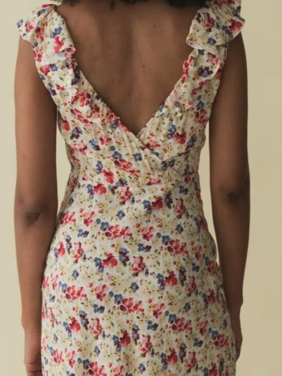 Doen Arleen Silk Ruffle Floral V Neck Slip Midi Maxi Dress Wildflower Thicket - Picture 4 of 12